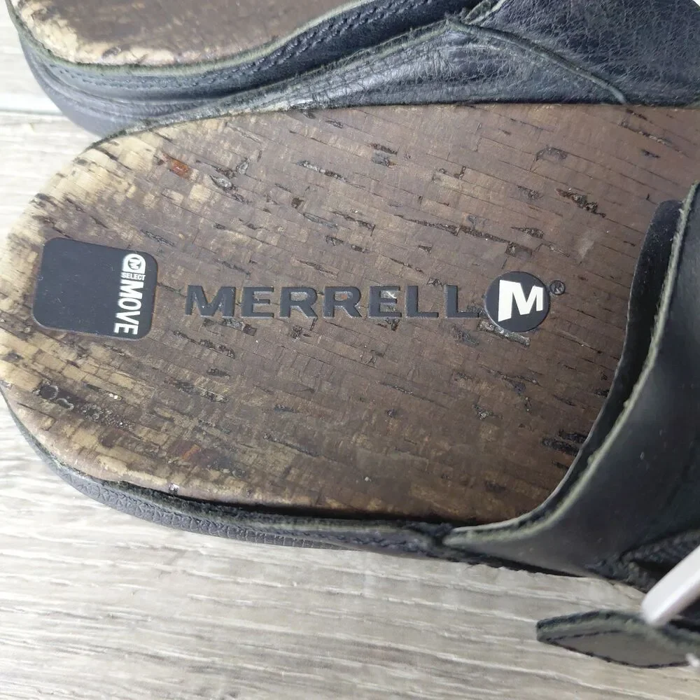 Merrell Sandals Womens 7 Black Leather Around Town Buckle Strappy Beach Thong